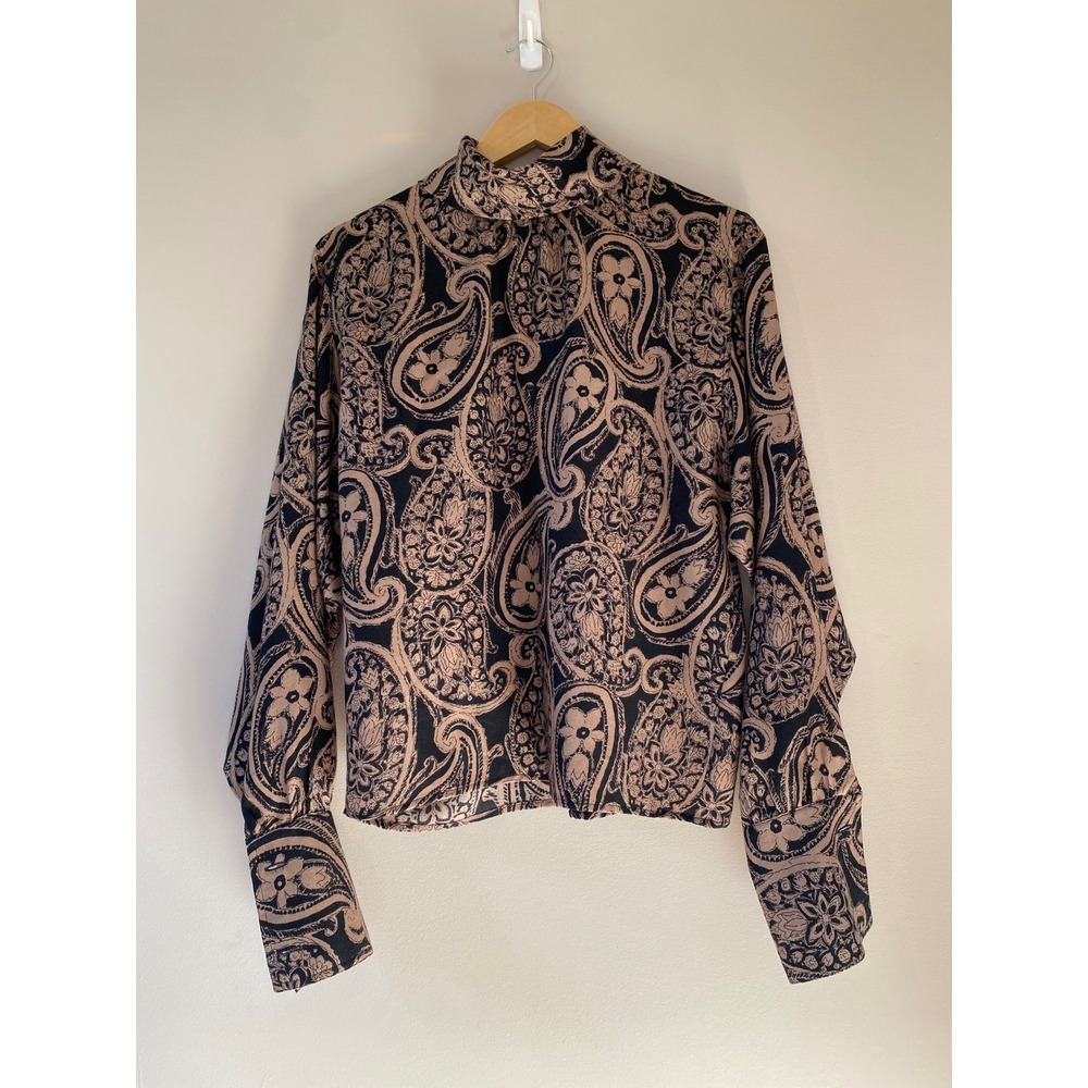 Valentino Miss V Vtg Paisley Wool Silk Mock Neck Blouse French Cuff Sz 40 FLAW